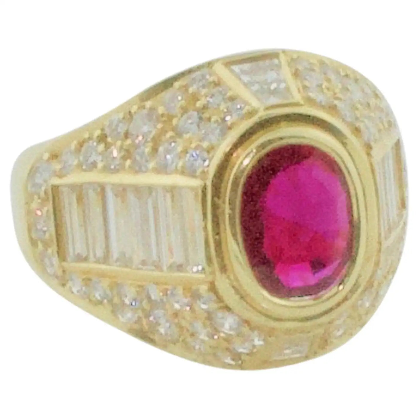 Ladies Rings with Rose Quartz-Burma Ruby and Diamond Cigar Band Style Ring in 18k Yellow Gold