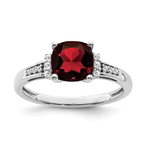 Ladies Rings Twisted Shine-14k White Gold Garnet Cushion and Diamond Ring