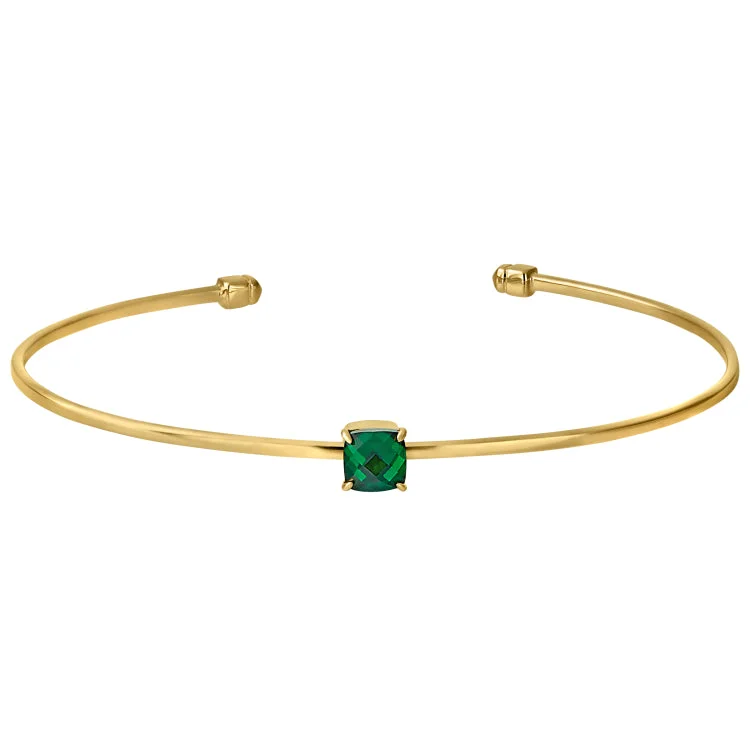 Lightweight titanium bracelets -Gold Finish Sterling Silver Pliable Cuff Bracelet with Faceted Cushion Cut Simulated Emerald Birth Gem - May