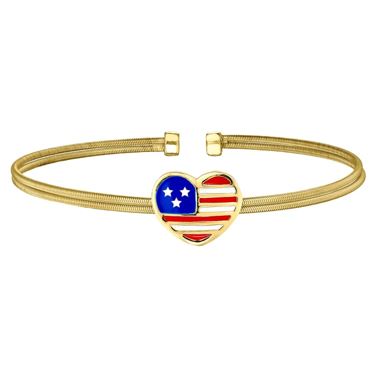 Glossy finish bracelets -Gold Finish Sterling Silver Two Cable Cuff Bracelet with a Centeral Heart with an American Flag..