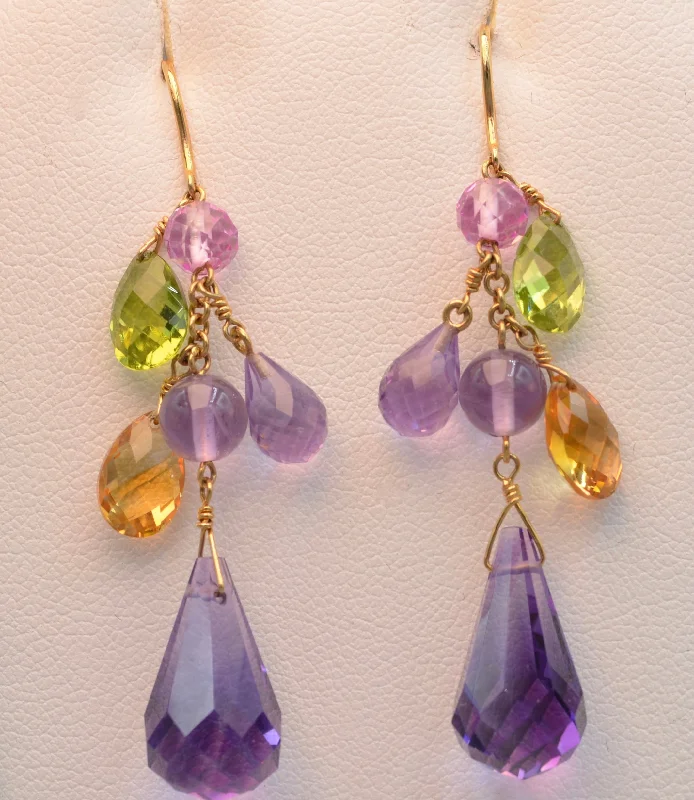 Ladies Earrings with Olive Peridot-14K yellow gold 2" long dangle earrings with Amethysts, Peridots and Citrines