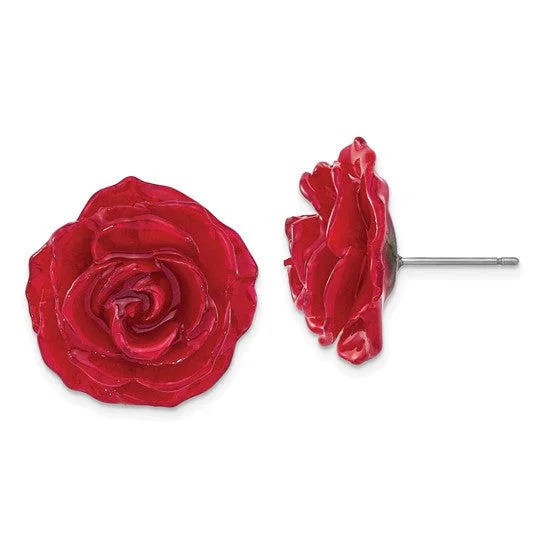 Ladies Earrings Artistic Shine-Lacquer Dipped Red Real Rose Post Earrings