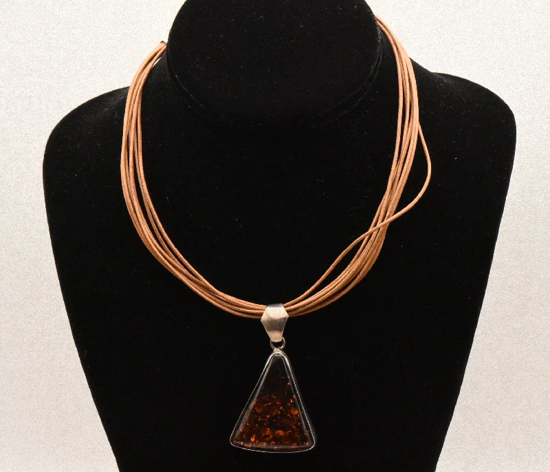 Ladies uplifting wave necklaces -Vintage Triangular Amber Pendant on Multi Cord Necklace - 16"