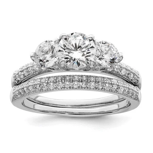 Ladies Engagement Rings with Herderite Spark-Sterling Silver CZ 3 Stone Pave Band Engagement Ring Set