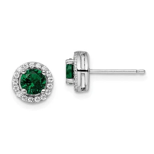 Ladies Earrings for Casual Shine-Sterling Silver White & Green CZ Brilliant Embers Halo Earrings