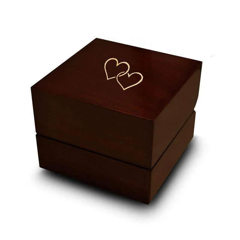 Ladies Engagement Rings Asscher Glow-Double Heart Shaped Symbol Engraved Wood Ring Box Chocolate Dark Wood Personalized Wooden Wedding Ring Box