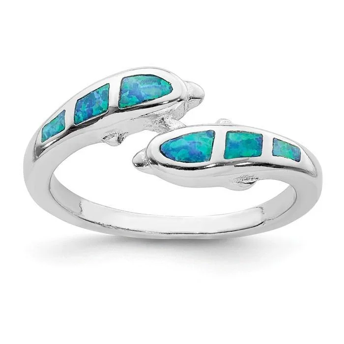 Ladies Rings with Silver Glow-Sterling Silver Created Blue Opal Dolphins Ring