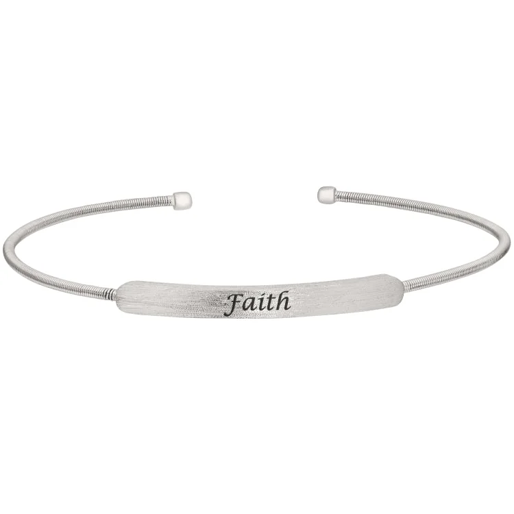 Blooming floral bracelets -Rhodium Finish Sterling Silver Cable Cuff Bracelet with Name Plate - FAITH