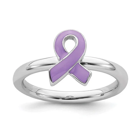 Ladies Rings with Lavender Lepidolite-Sterling Silver Stackable Expressions Purple Enameled Awareness Ribbon Ring