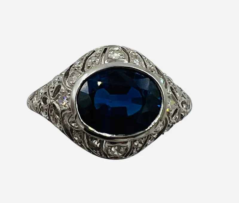 Ladies Engagement Rings with Hematite Spark-1930s Art Deco Sapphire Diamond Platinum Engagement Ring Size 8.5