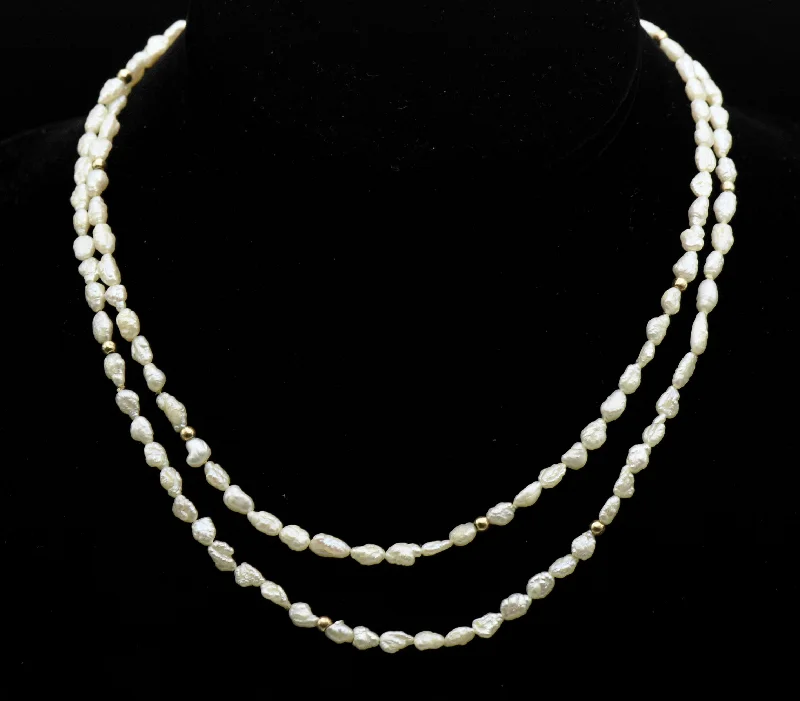 Ladies bespoke custom necklaces -Freshwater Rice Pearl and Gold Bead Necklace - 32"