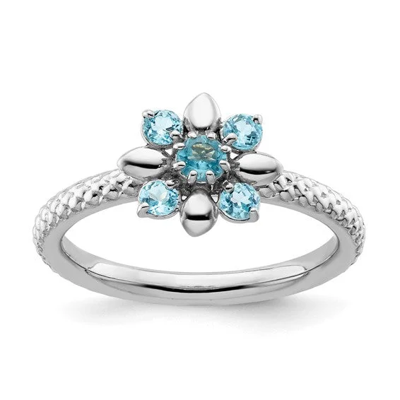 Ladies Rings with Grey Hematite-Sterling Silver Stackable Expressions Blue Topaz Flower Ring