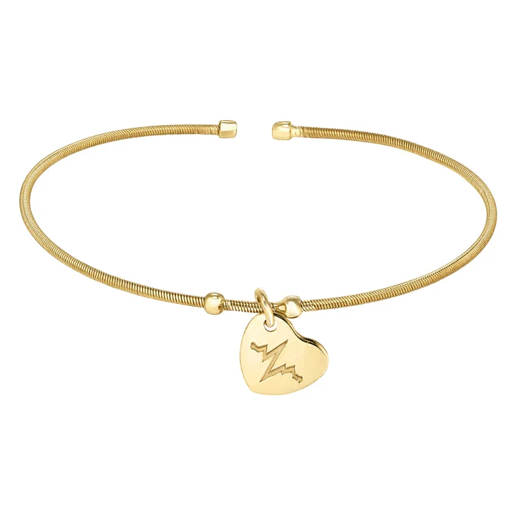 Fauna inspired bracelets -Gold Finish Sterling Silver Cable Cuff Bracelet with a Dangling Polished Heart Charm with a Heartbeat Design.