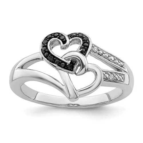 Ladies Rings with Star Shine-Sterling Silver Black & White Diamond Heart Ring