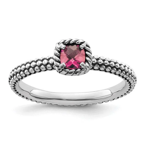 Ladies Rings with Wave Spark-Sterling Silver Stackable Expressions Checker-Cut Cushion Pink Tourmaline Antiqued Ring