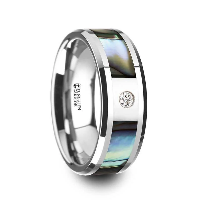 Ladies Rings with Mint Serpentine-Thorsten HONOLULU Mother of Pearl Inlay Tungsten Carbide Ring with Beveled Edges and White Diamond - 8mm