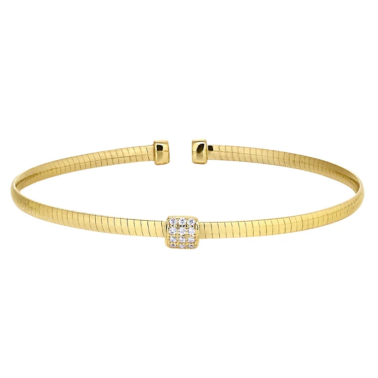 Cosmic ripple bracelets -Gold Finish Sterling Silver Omega Cable Cuff Bracelet with Central Square with Simulated Diamonds