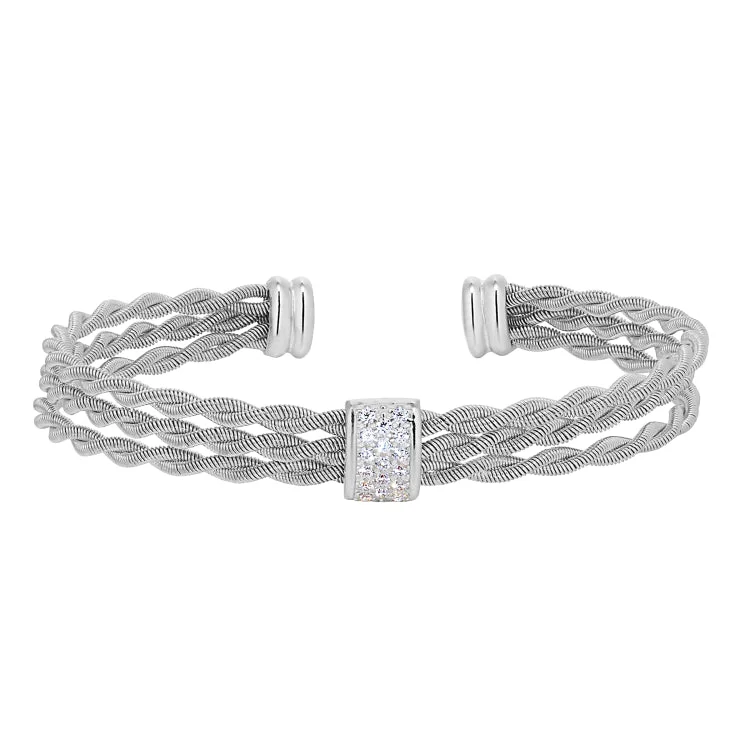 Exotic eastern bracelets -Rhodium Finish Sterling Silver Tightly Twisted Three Cable Cuff Bracelet with Central Bar with Simulated Diamonds