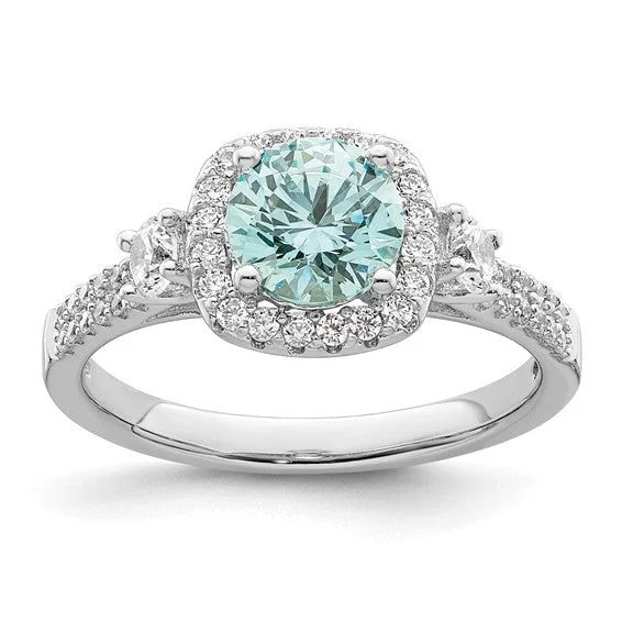 Ladies Rings with Leaf Glow-Sterling Silver Aqua Crystal and White CZ Ring