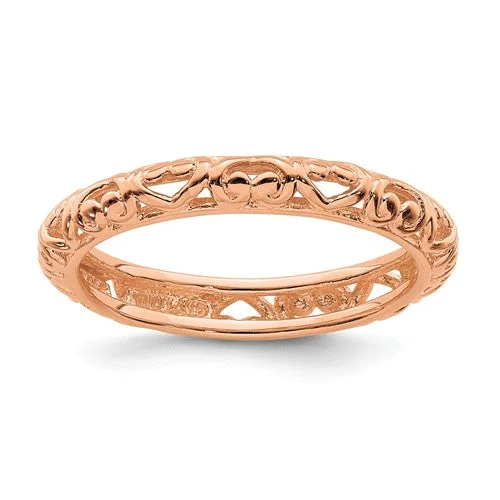 Ladies Rings for Dance Shine-Sterling Silver Stackable Expressions Rose Gold Plated Carved Hearts Ring