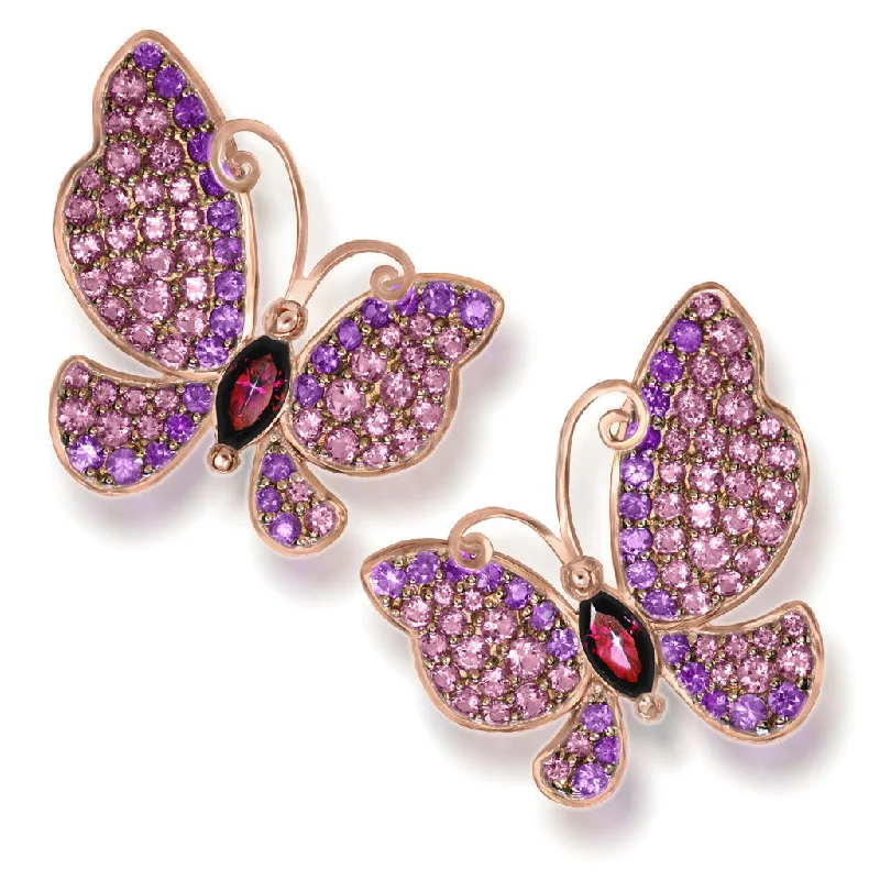 Ladies Earrings with Blue Apatite-Gold Butterfly Earrings with Garnets & Sapphires