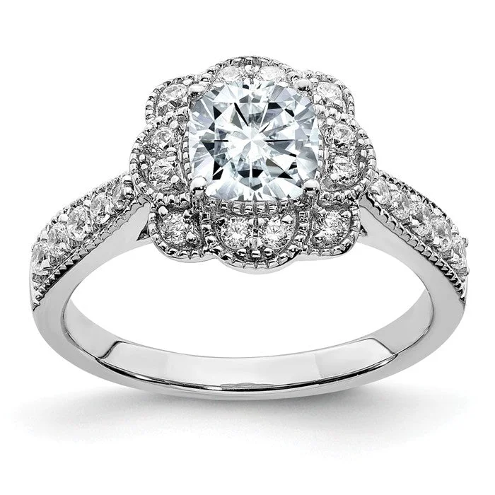 Ladies Engagement Rings with Idocrase Shine-14k White Gold 1.52CT Cushion Floral Halo Moissanite Engagement Ring