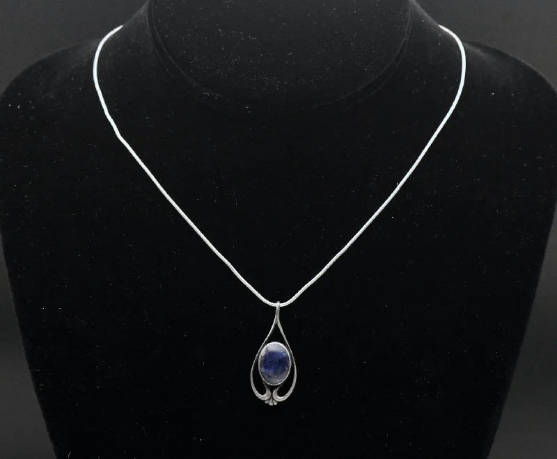 Ladies exotic eastern necklaces -Vintage Sodalite Sterling Silver Pendant on Sterling Silver Italian Snake Link Chain Necklace - 16"