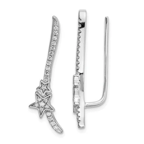 Ladies Earrings with White Thaumasite-Sterling Silver CZ Long Star Ear Climber Earrings