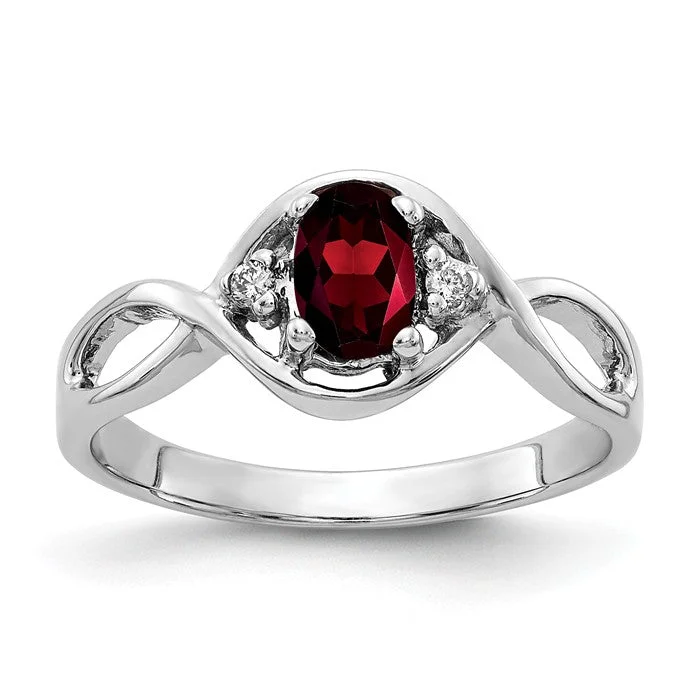 Ladies Rings with Wave Spark-14k White Gold 6x4mm Oval Garnet and Diamond Infinity Style Ring