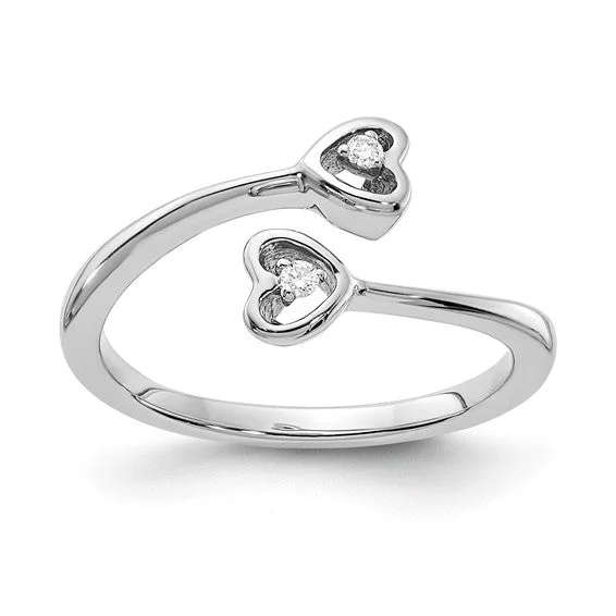 Ladies Rings with Grey Pollucite-Sterling Silver Diamond Double Heart ByPass Ring