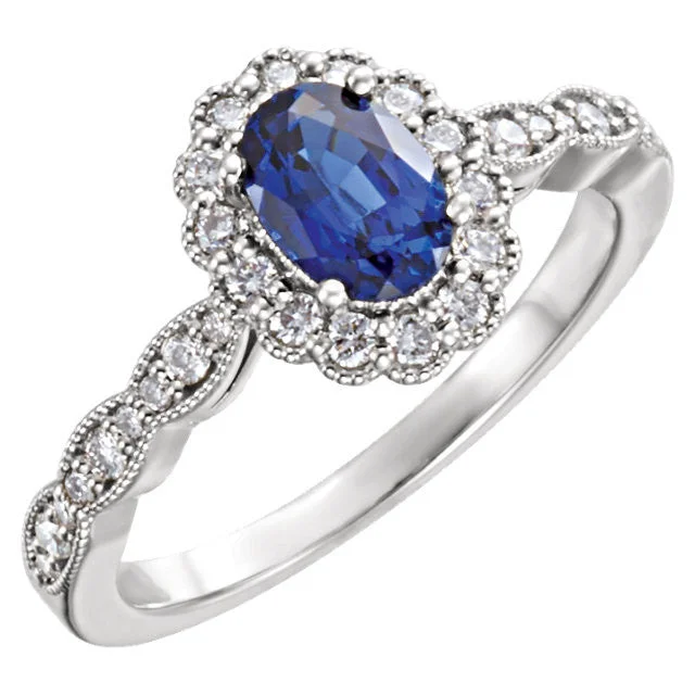 Ladies Rings with Orbit Gem-14k White Gold Oval Created Blue Sapphire & Diamond Halo Ring