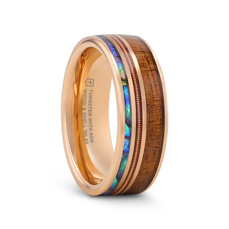 Ladies Rings with Triangle Glow-Thorsten MOANA Smoked Rose Gold Tungsten Ring with Hawaiian Koa Wood Abalone & Guitar String - 8mm