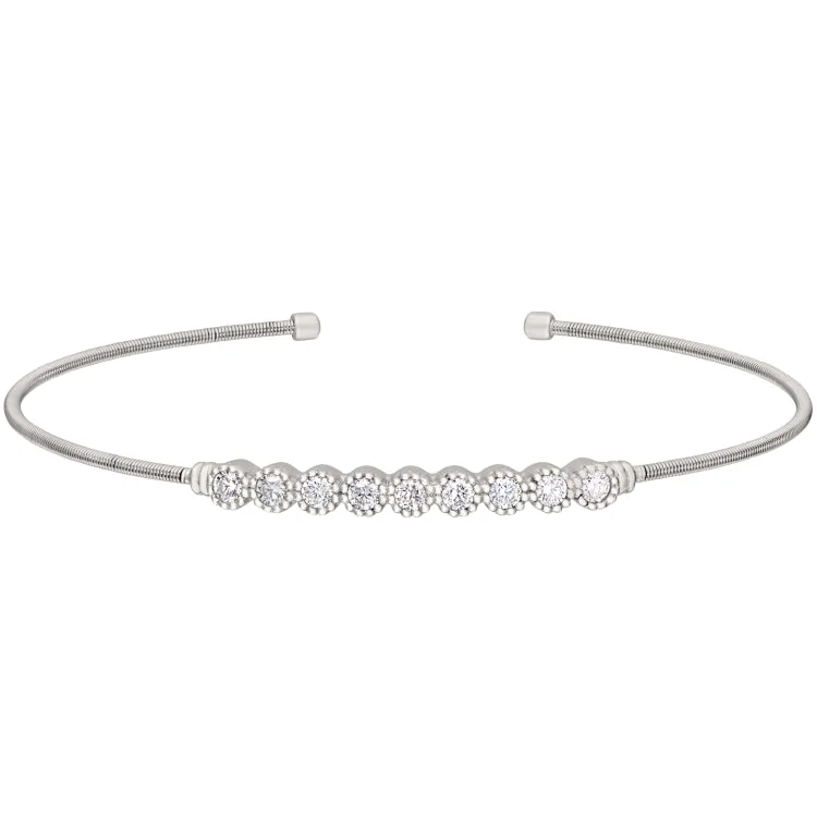 Radiant pulse bracelets -Rhodium Finish Sterling Silver Cable Cuff Bracelet with Beaded Bezel Set Simulated Diamonds