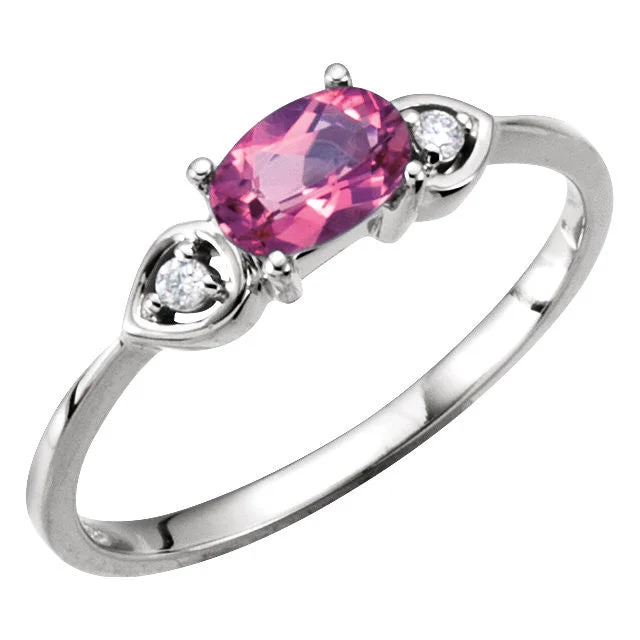 Ladies Rings Stackable Glow-14k White Gold Pink Tourmaline & Diamond 3-Stone Ring