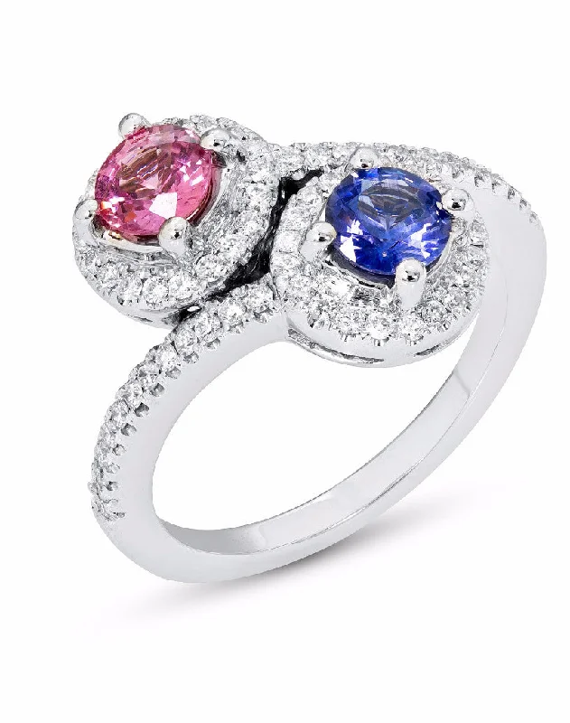 Ladies Rings Trendy Spark-14k White Gold 2-Stone Pink and Blue Sapphire Diamond Halo Ring