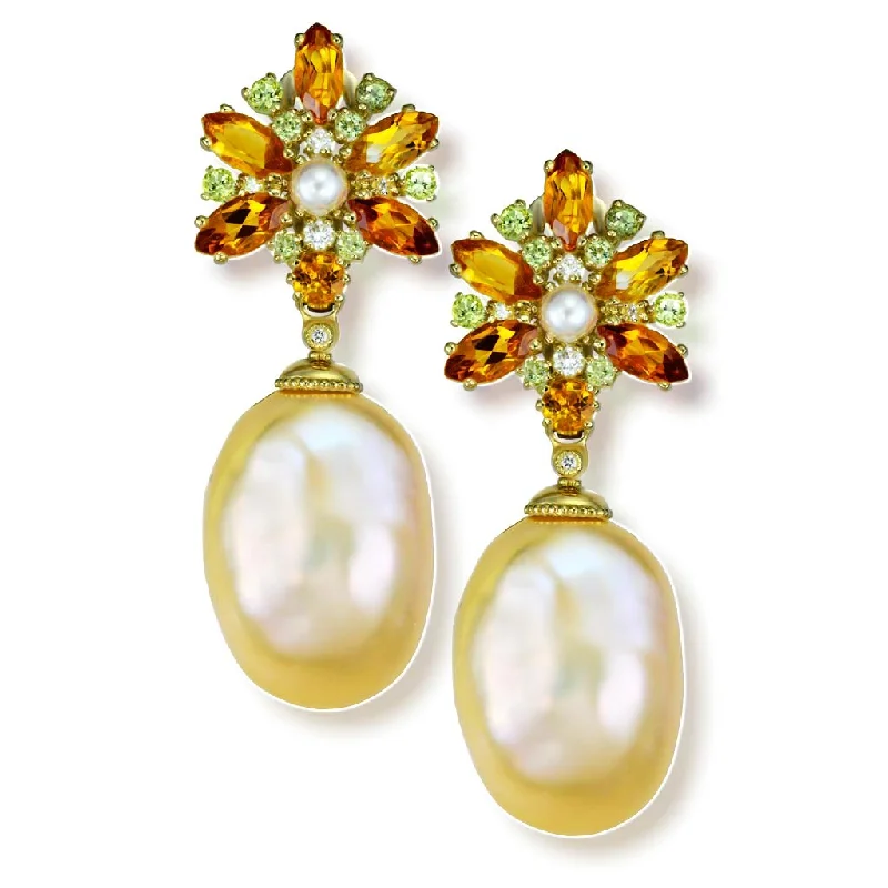 Ladies Earrings Pure Glow-Gold Blossom Drop Earrings with Pearls