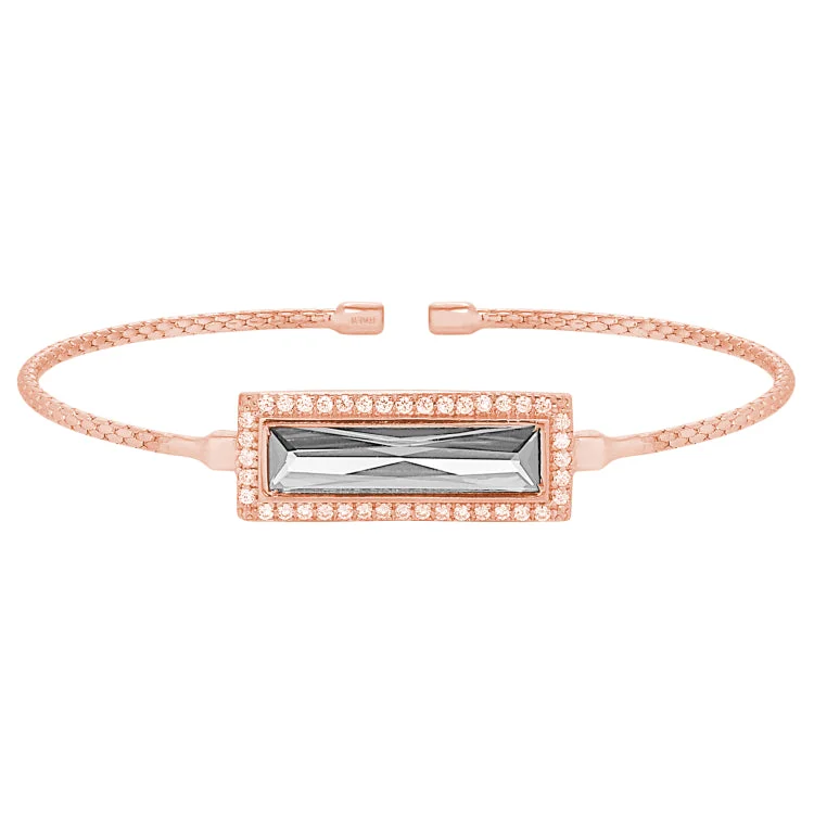 Playful charm bracelets -Rose Gold Finish Sterling Silver Cable Cuff Bracelet with Rectangular Simulated Diamond Stone and Simulated Diamonds