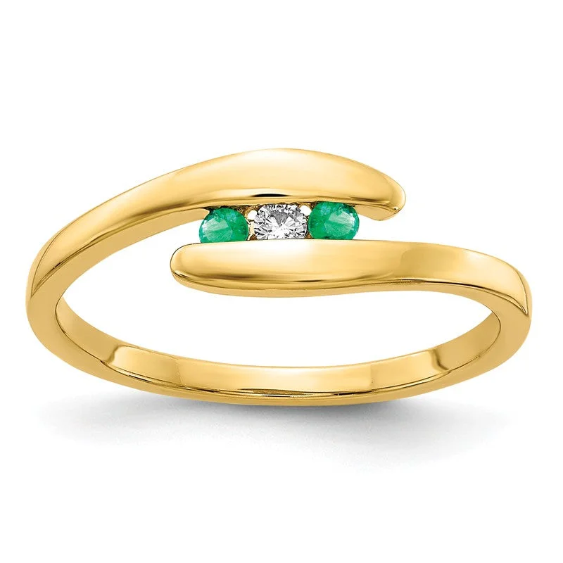 Ladies Rings with Wing Spark-14k Yellow Gold Genuine Emerald And Diamond 3-Stone ByPass Ring