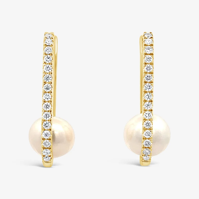 Ladies Earrings with White Leucite-Pearl & Diamond Paper Clip Profile Earrings