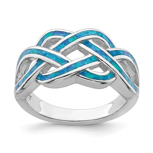 Ladies Rings with Sky Topaz-Sterling Silver Blue Inlay Created Opal Celtic Knot Ring