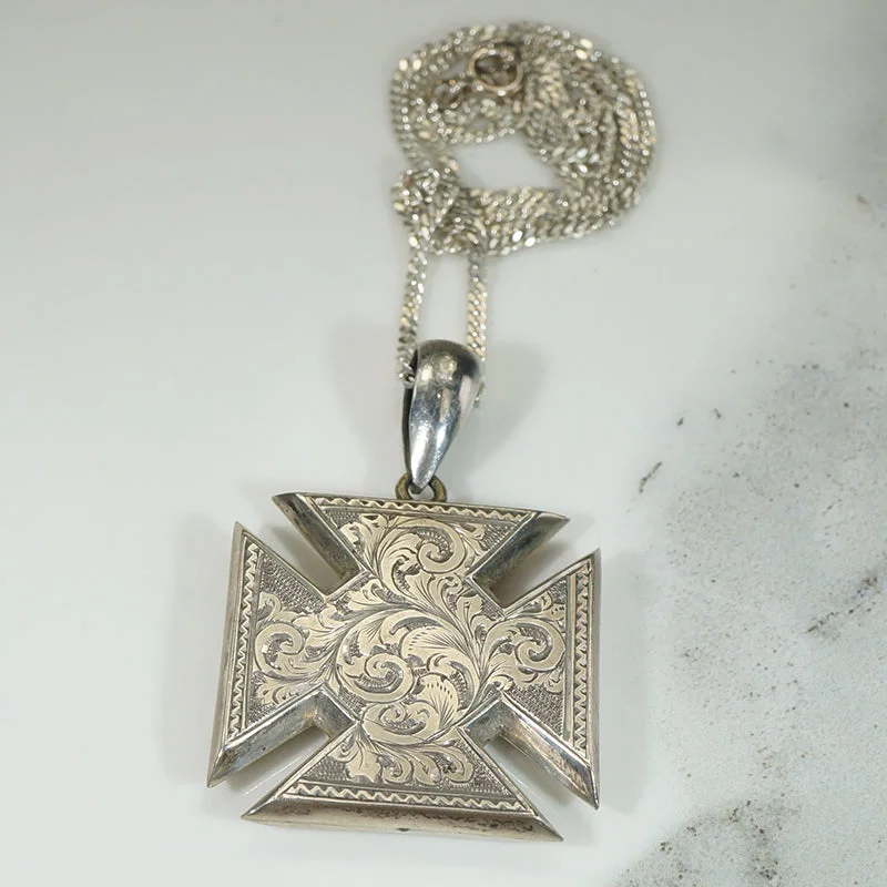 Ladies adventure spirit necklaces -Acanthus Engraved Sterling Iron Cross Necklace