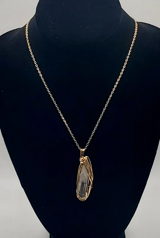 Ladies wispy chain necklaces -Vintage Wire Wrapped Quartz Crystal Point Pendant on Chain Necklace