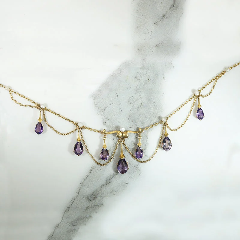 Ladies sleek choker necklaces -Dreamy Amethyst & Pearl Festoon Necklace