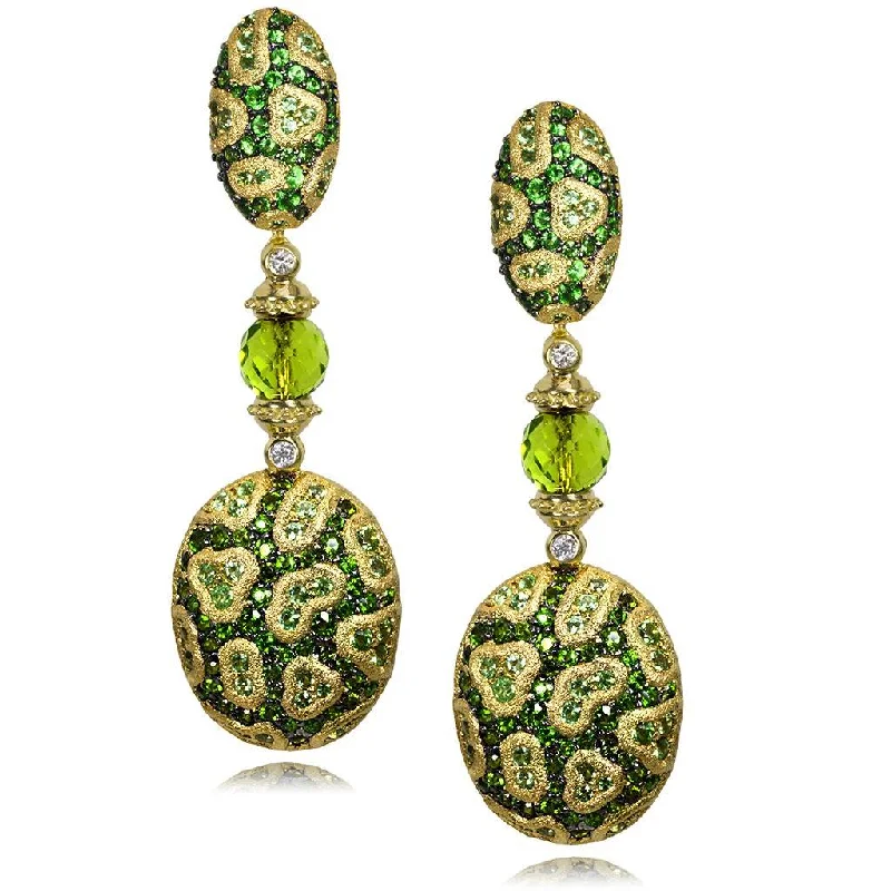 Ladies Earrings with Pink Tugtupite-Gold Fine Lace Drop Earrings, Chrome Diopside, Peridot