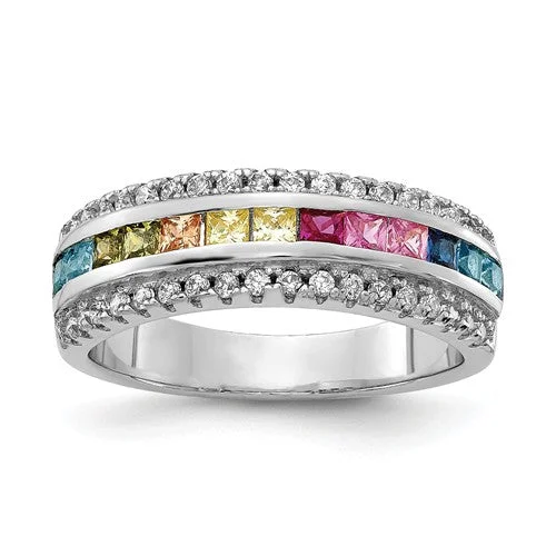 Ladies Rings for Night Spark-Sterling Silver Multi Color Rainbow Princess Square Channel Set CZ Ring