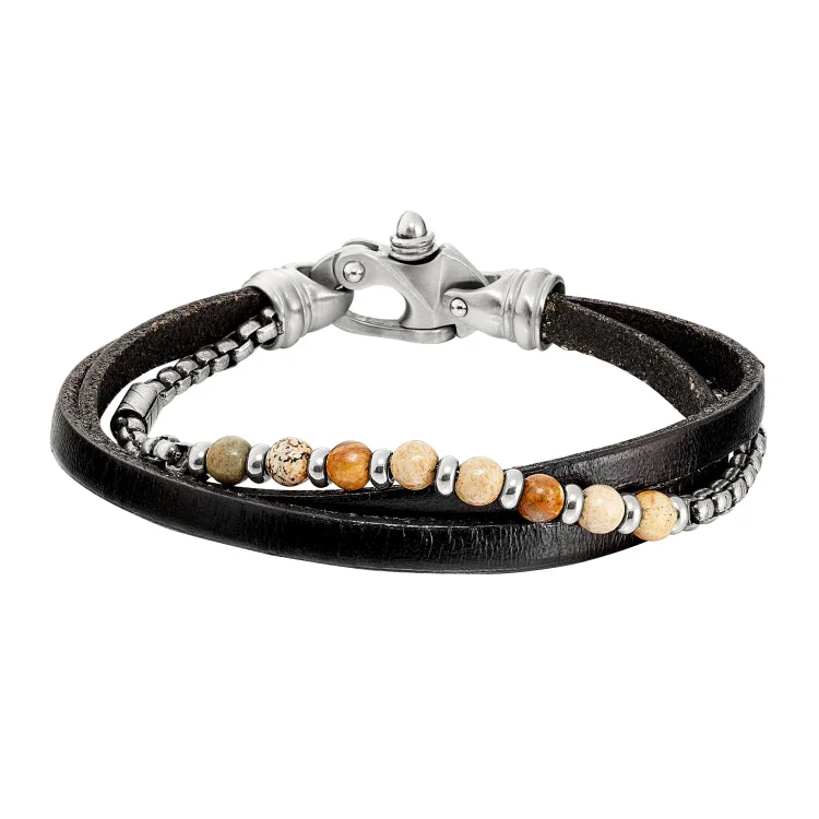 Playful acrylic bracelets -Black Leather 3 Cord Bracelet With Box Link Chain And Brown Beads