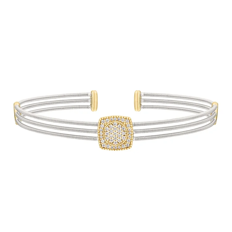 Elephant wisdom bracelets -Rhodium Finish Sterling Silver Three Cable Cuff Bracelet with Gold Finish Simulated Diamond Circle in Square