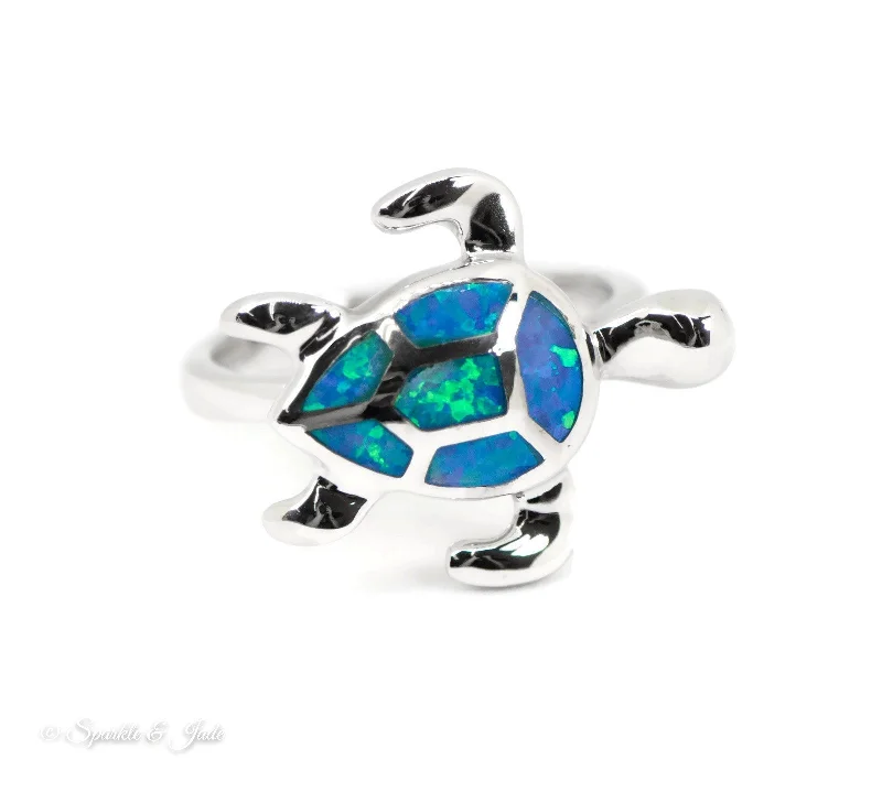 Ladies Rings for Date Glow-Sterling Silver Alamea Hawaii Blue Opal Swimming Sea Turtle Ring