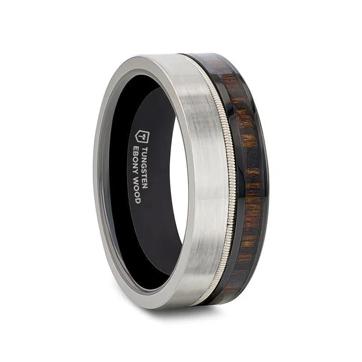 Ladies Rings with Globe Spark-Thorsten SLATE Tungsten & Black Ceramic Hybrid Ring with Steel Guitar String Ebony Wood and a Black Ceramic Interior - 8mm