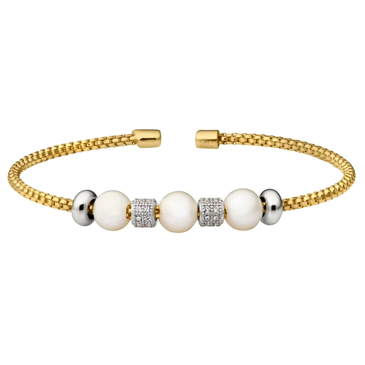 Cherished antique bracelets -Gold Finish Sterling Silver Rounded Box Link Cuff Bracelet with Simulated Pearls and Simulated Diamond Barrels